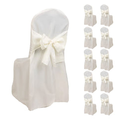 10-Pack Polyester Slip-On Banquet Chair Covers with Attached Sashes – Ivory Reusable Stain-Resistant Covers for Wedding & Event Decor