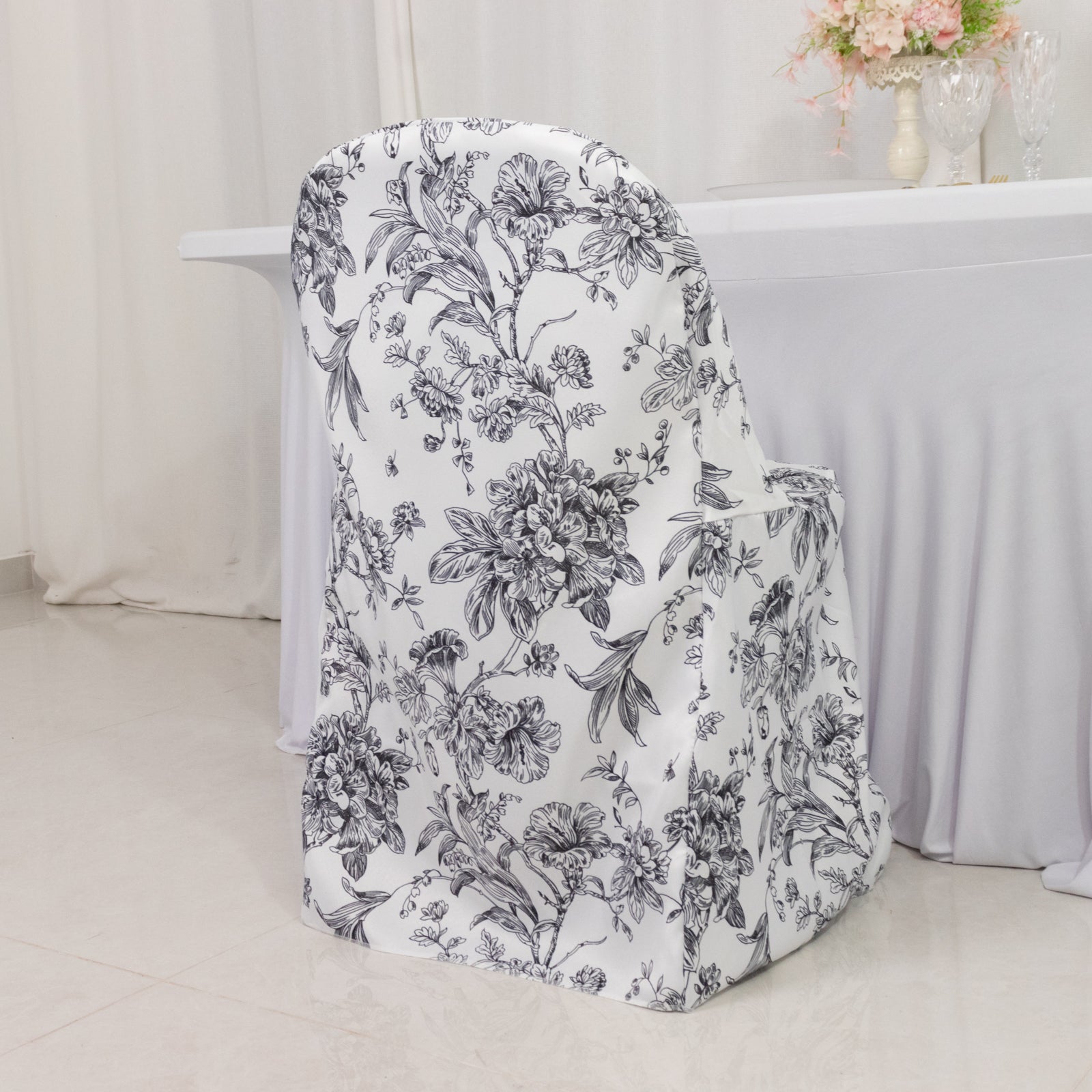 10 Pack Polyester Chair Covers for Folding Chairs – White Black French Toile Pattern, Reusable Stain-Resistant Slip-On Slipcovers