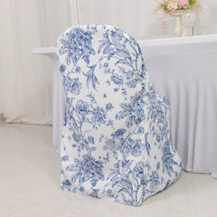 10 Pack Polyester Chair Covers for Folding Chairs – White Blue French Toile Pattern, Reusable Stain-Resistant Slip-On Slipcovers