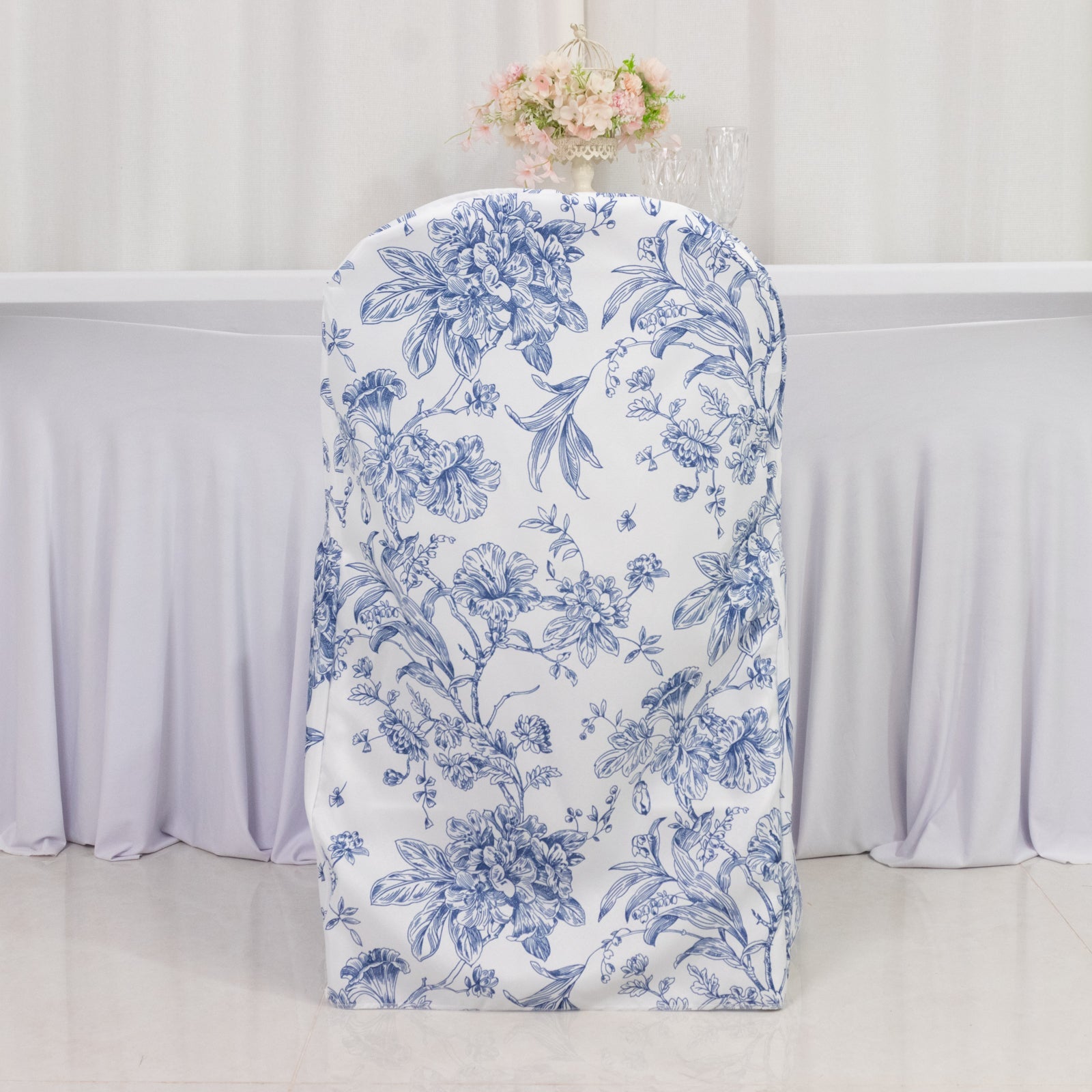 10 Pack Polyester Chair Covers for Folding Chairs – White Blue French Toile Pattern, Reusable Stain-Resistant Slip-On Slipcovers
