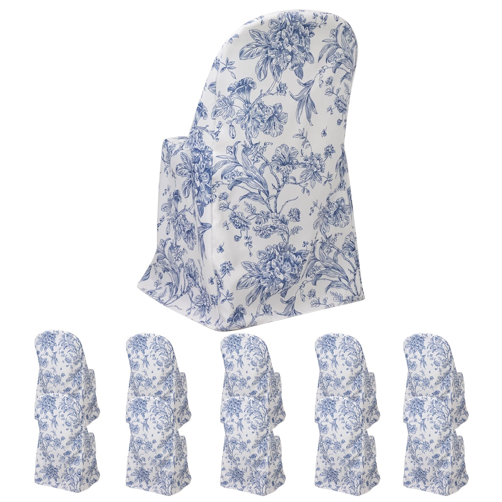 10 Pack Polyester Chair Covers for Folding Chairs – White Blue French Toile Pattern, Reusable Stain-Resistant Slip-On Slipcovers