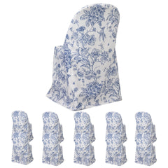 10 Pack Polyester Chair Covers for Folding Chairs – White Blue French Toile Pattern, Reusable Stain-Resistant Slip-On Slipcovers