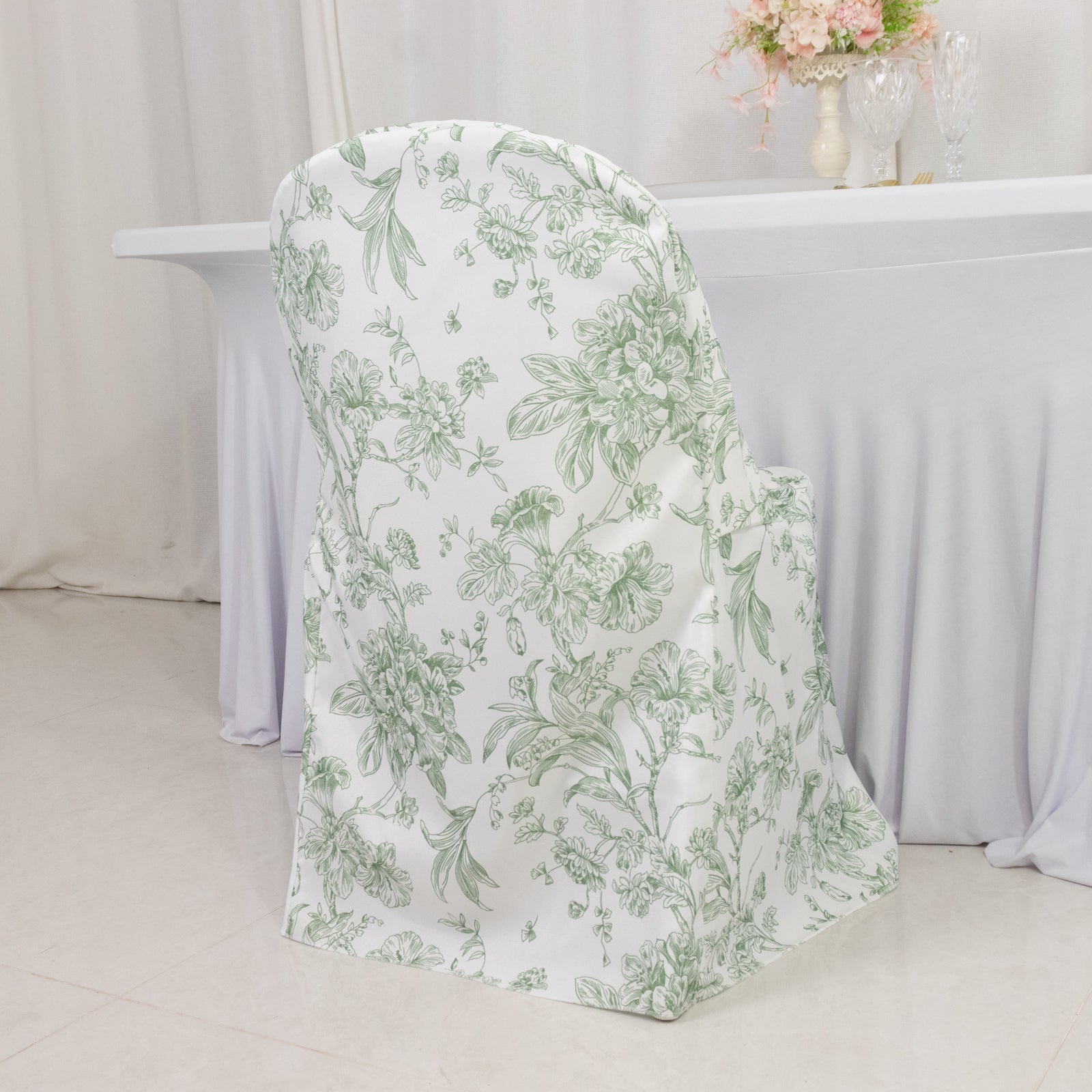 10 Pack Polyester Chair Covers for Folding Chairs – White Dusty Sage Green French Toile Pattern, Reusable Stain-Resistant Slip-On Slipcovers