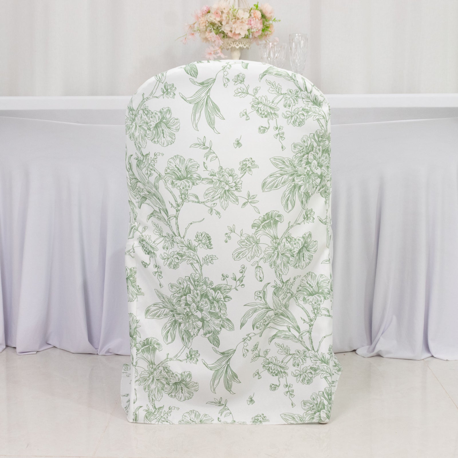 10 Pack Polyester Chair Covers for Folding Chairs – White Dusty Sage Green French Toile Pattern, Reusable Stain-Resistant Slip-On Slipcovers