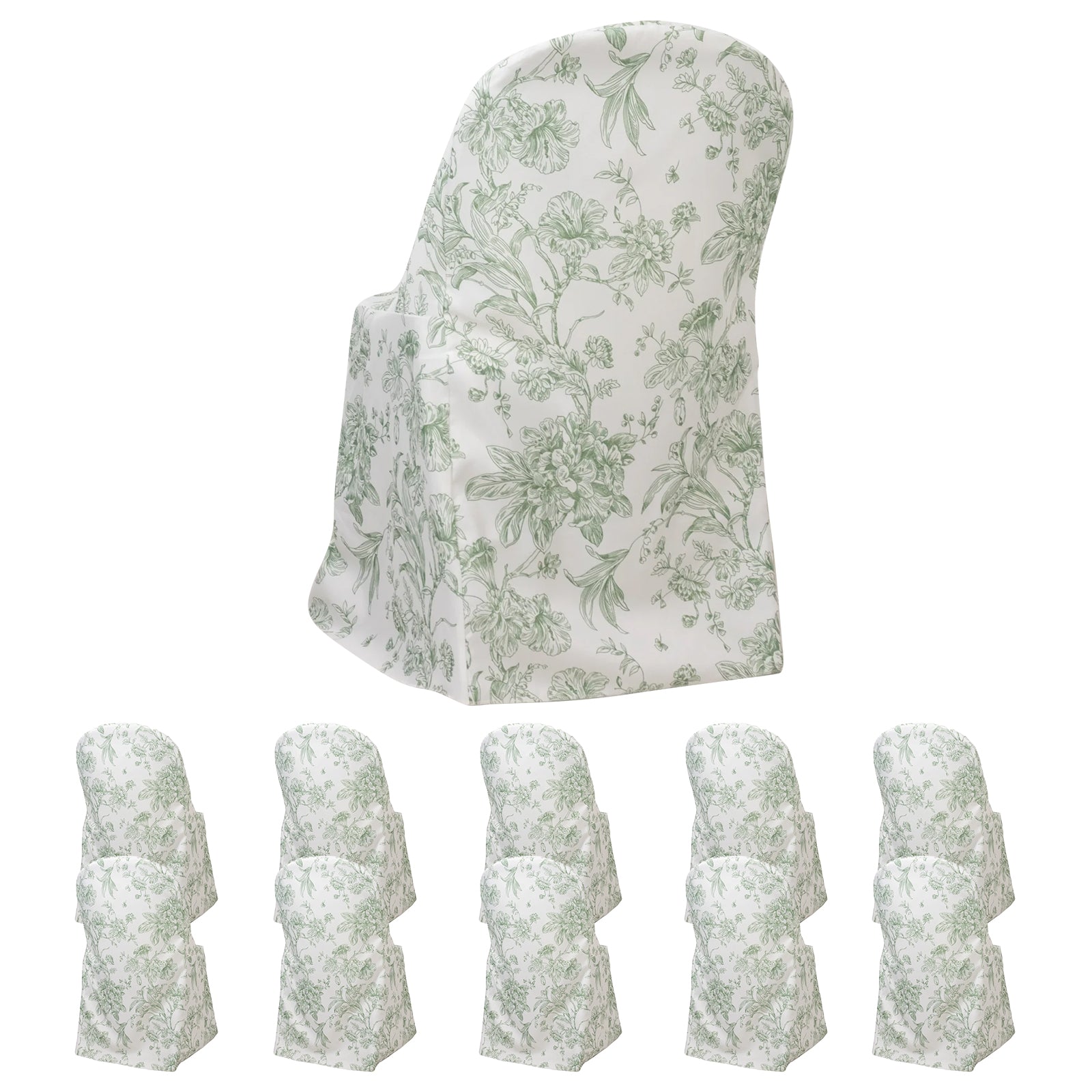 10 Pack Polyester Chair Covers for Folding Chairs – White Dusty Sage Green French Toile Pattern, Reusable Stain-Resistant Slip-On Slipcovers