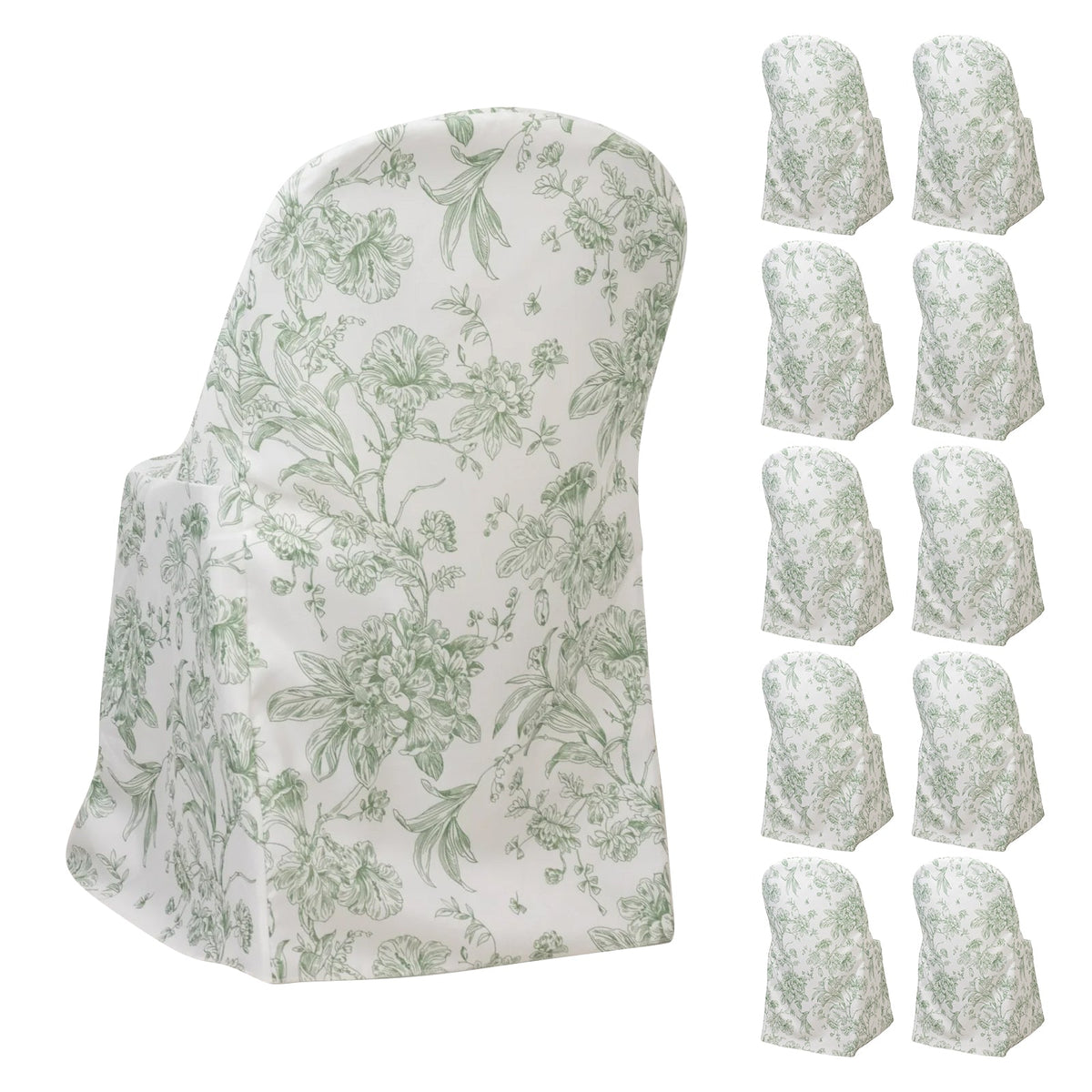 10 Pack Polyester Chair Covers for Folding Chairs – White Dusty Sage Green French Toile Pattern, Reusable Stain-Resistant Slip-On Slipcovers