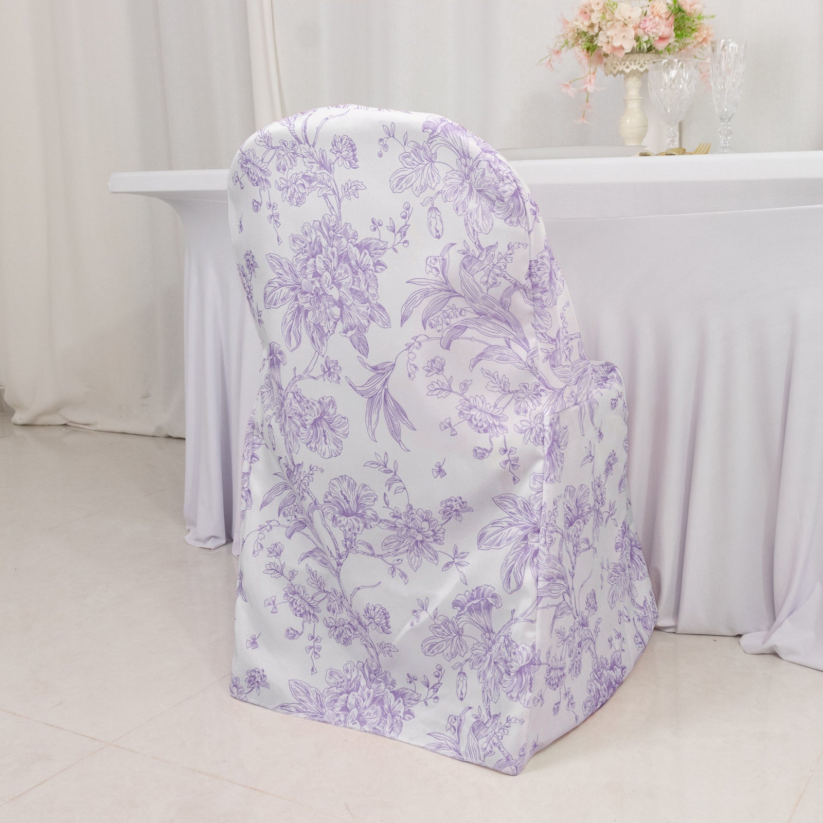 10 Pack Polyester Chair Covers for Folding Chairs – White Lavender Lilac French Toile Pattern, Reusable Stain-Resistant Slip-On Slipcovers