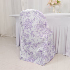 10 Pack Polyester Chair Covers for Folding Chairs – White Lavender Lilac French Toile Pattern, Reusable Stain-Resistant Slip-On Slipcovers