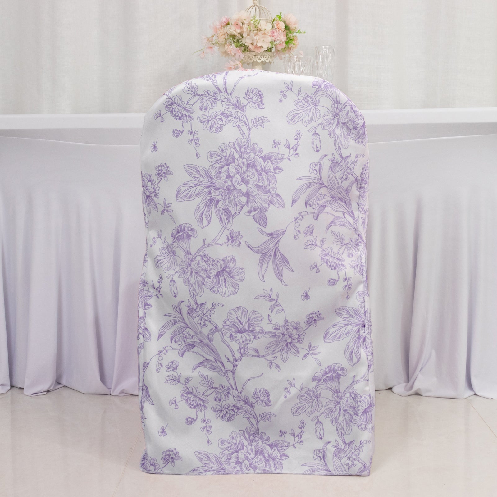 10 Pack Polyester Chair Covers for Folding Chairs – White Lavender Lilac French Toile Pattern, Reusable Stain-Resistant Slip-On Slipcovers