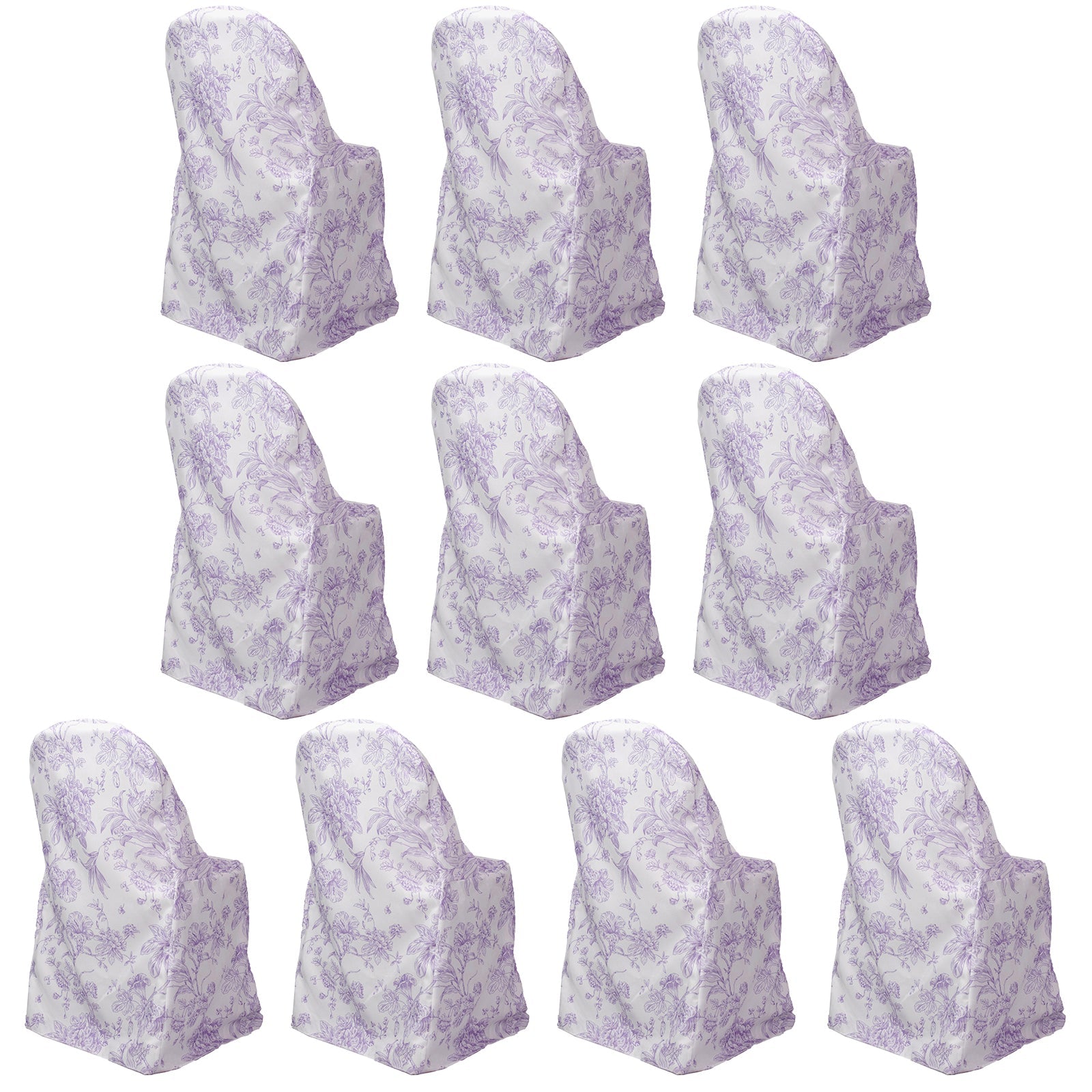 10 Pack Polyester Chair Covers for Folding Chairs – White Lavender Lilac French Toile Pattern, Reusable Stain-Resistant Slip-On Slipcovers