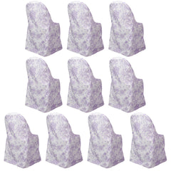 10 Pack Polyester Chair Covers for Folding Chairs – White Lavender Lilac French Toile Pattern, Reusable Stain-Resistant Slip-On Slipcovers
