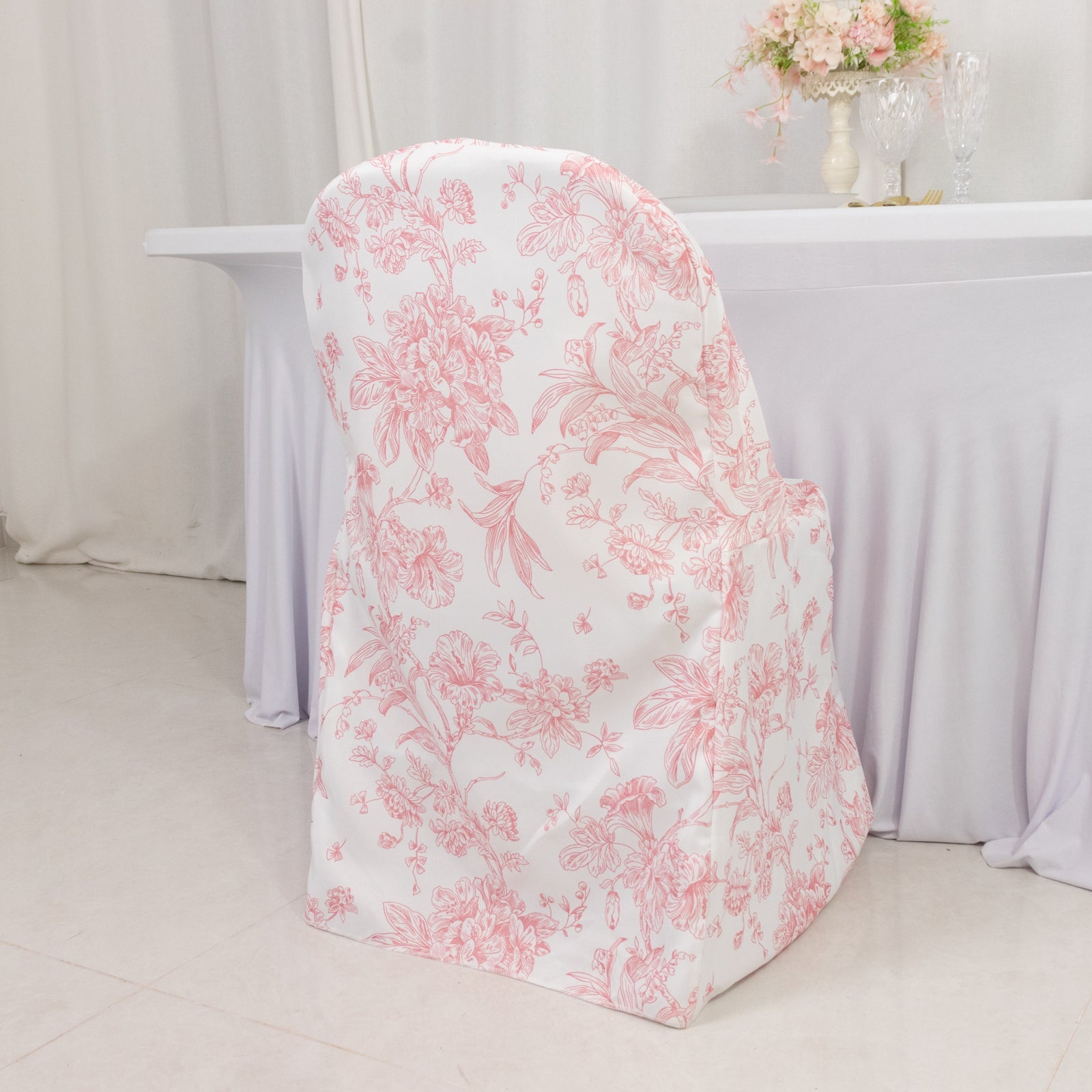 10 Pack Polyester Chair Covers for Folding Chairs – White Pink French Toile Pattern, Reusable Stain-Resistant Slip-On Slipcovers