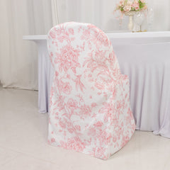 10 Pack Polyester Chair Covers for Folding Chairs – White Pink French Toile Pattern, Reusable Stain-Resistant Slip-On Slipcovers