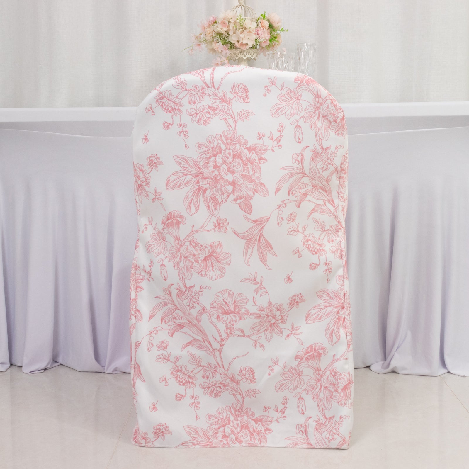 10 Pack Polyester Chair Covers for Folding Chairs – White Pink French Toile Pattern, Reusable Stain-Resistant Slip-On Slipcovers