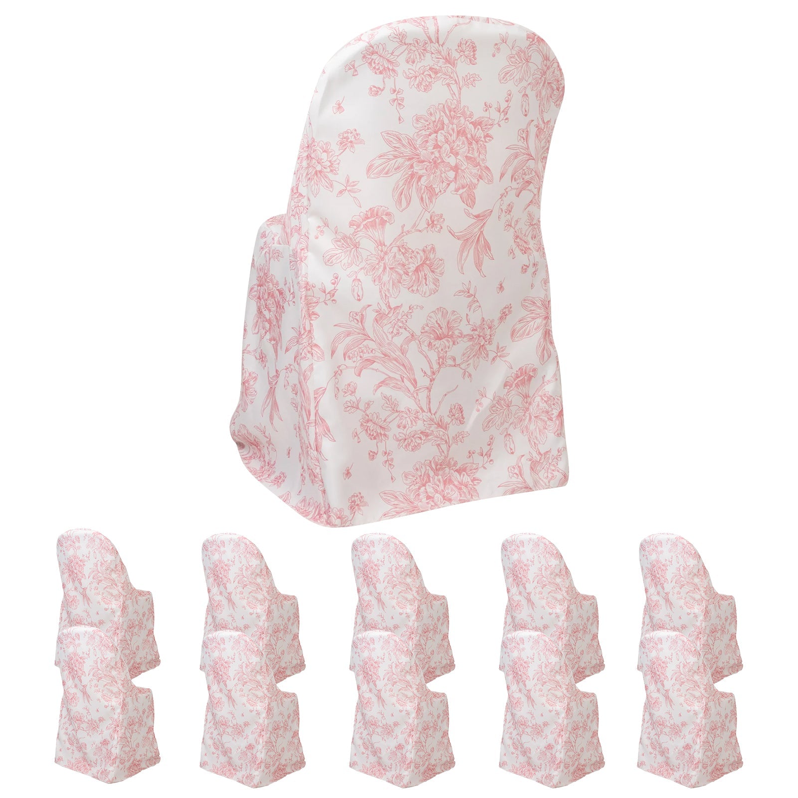 10 Pack Polyester Chair Covers for Folding Chairs – White Pink French Toile Pattern, Reusable Stain-Resistant Slip-On Slipcovers