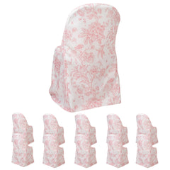 10 Pack Polyester Chair Covers for Folding Chairs – White Pink French Toile Pattern, Reusable Stain-Resistant Slip-On Slipcovers