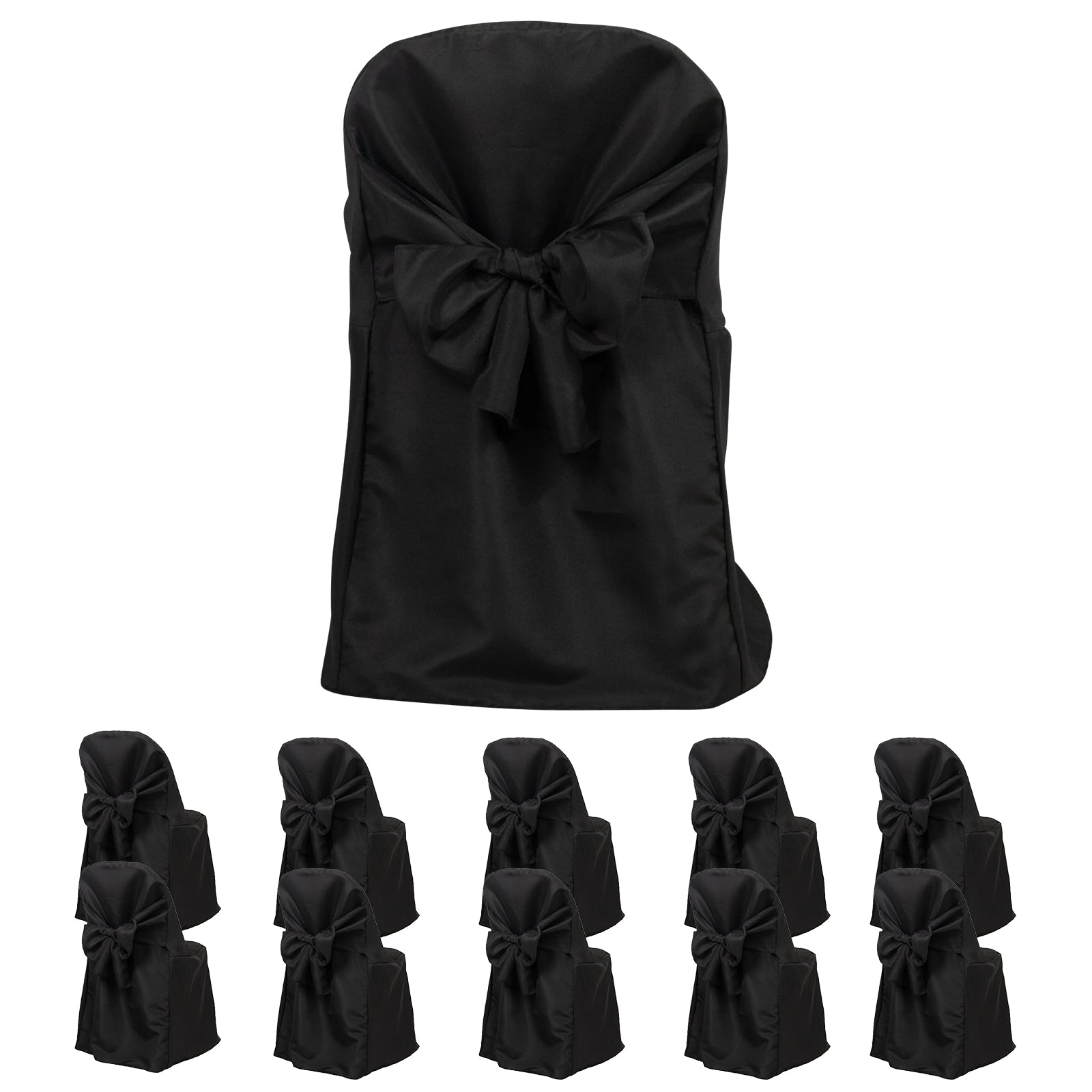 10-Pack Polyester Slip-On Folding Chair Covers with Attached Sashes – Black Durable Reusable Covers for Wedding & Event Decor