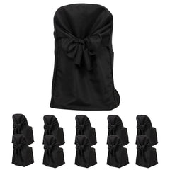 10-Pack Polyester Slip-On Folding Chair Covers with Attached Sashes – Black Durable Reusable Covers for Wedding & Event Decor