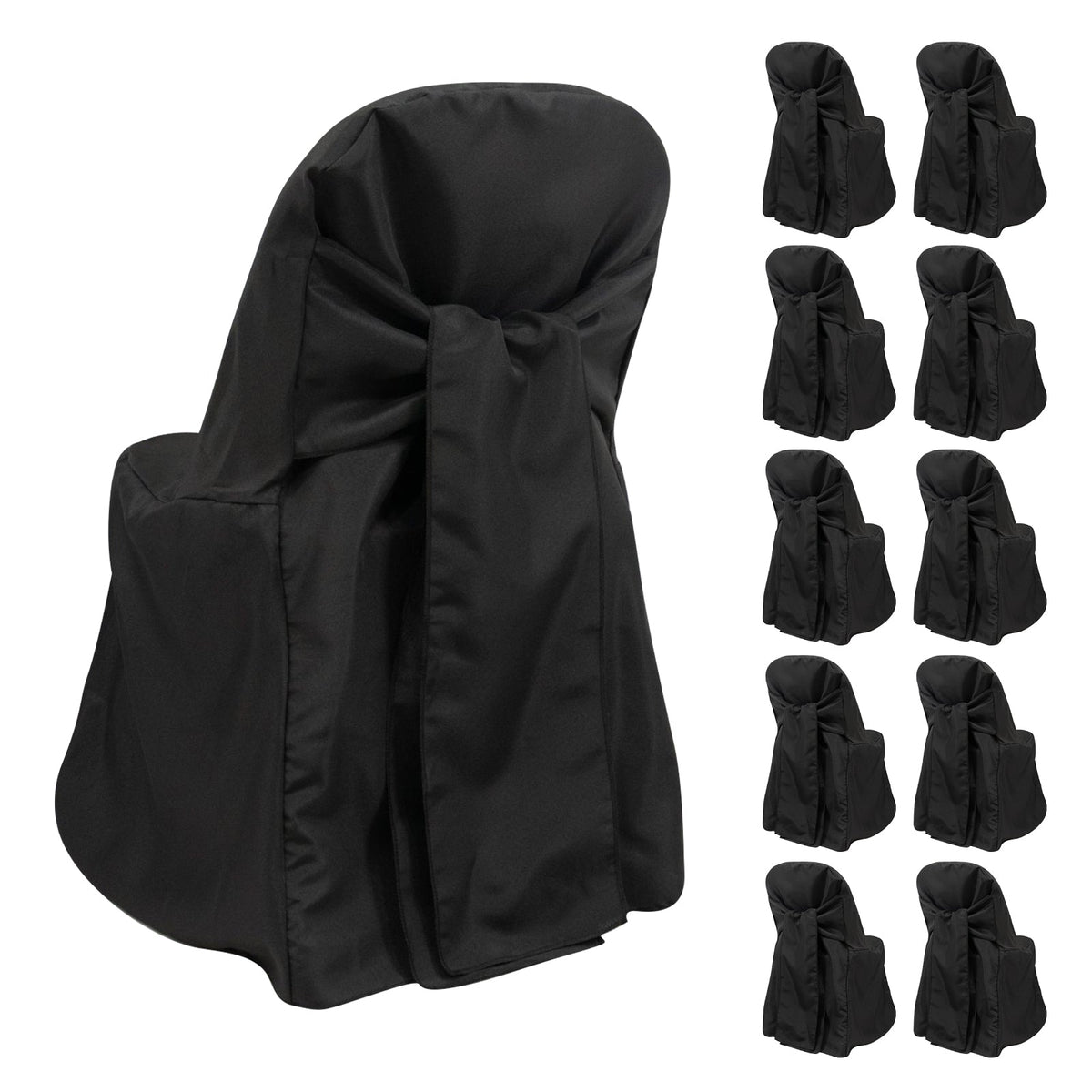 10-Pack Polyester Slip-On Folding Chair Covers with Attached Sashes – Black Durable Reusable Covers for Wedding & Event Decor