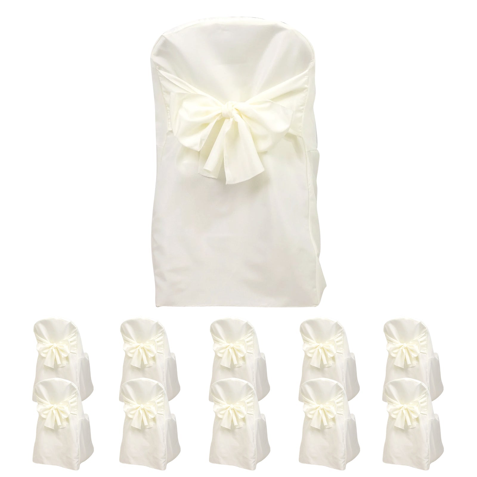 10-Pack Polyester Slip-On Folding Chair Covers with Attached Sashes – Ivory Durable Reusable Covers for Wedding & Event Decor