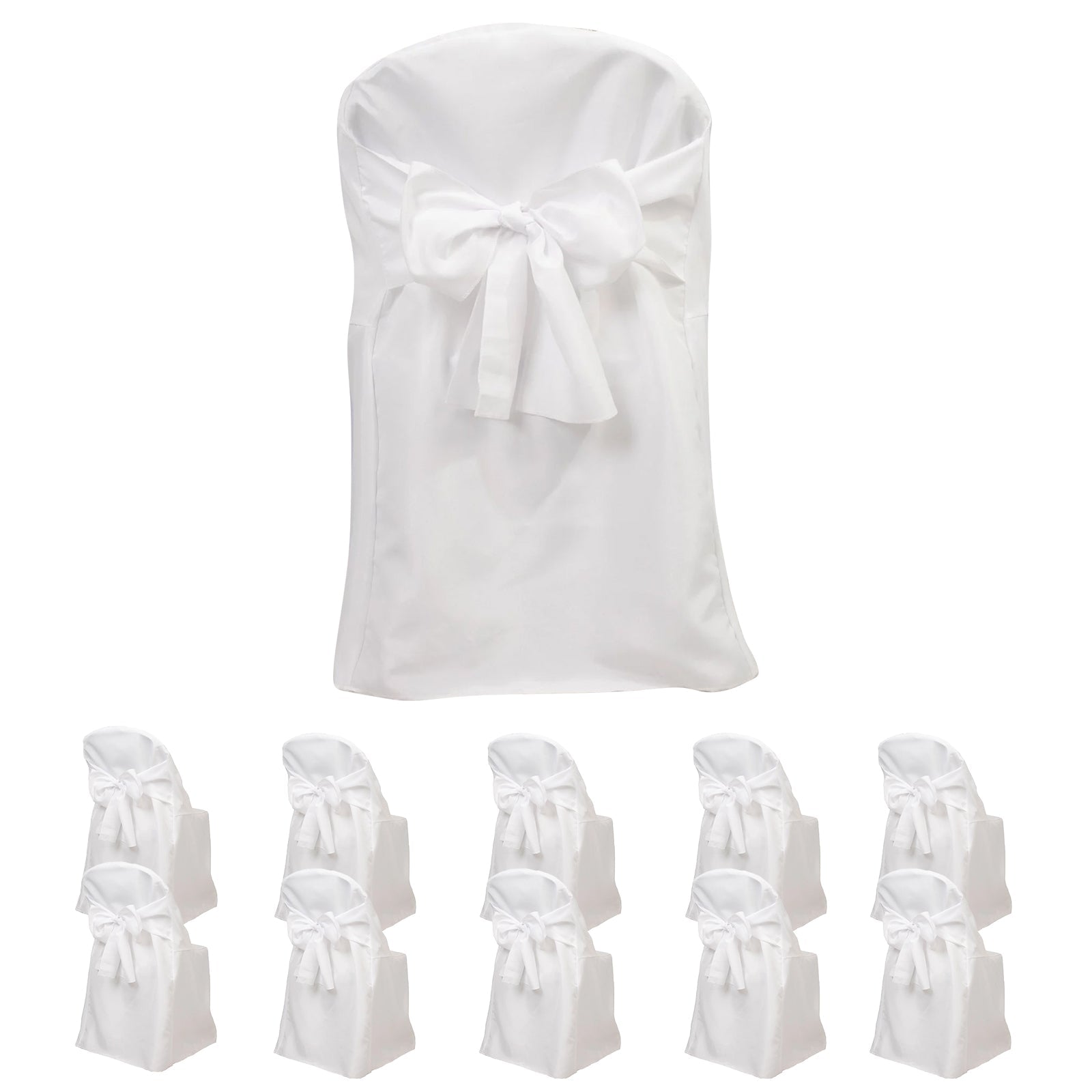 10-Pack Polyester Slip-On Folding Chair Covers with Attached Sashes – White Durable Reusable Covers for Wedding & Event Decor