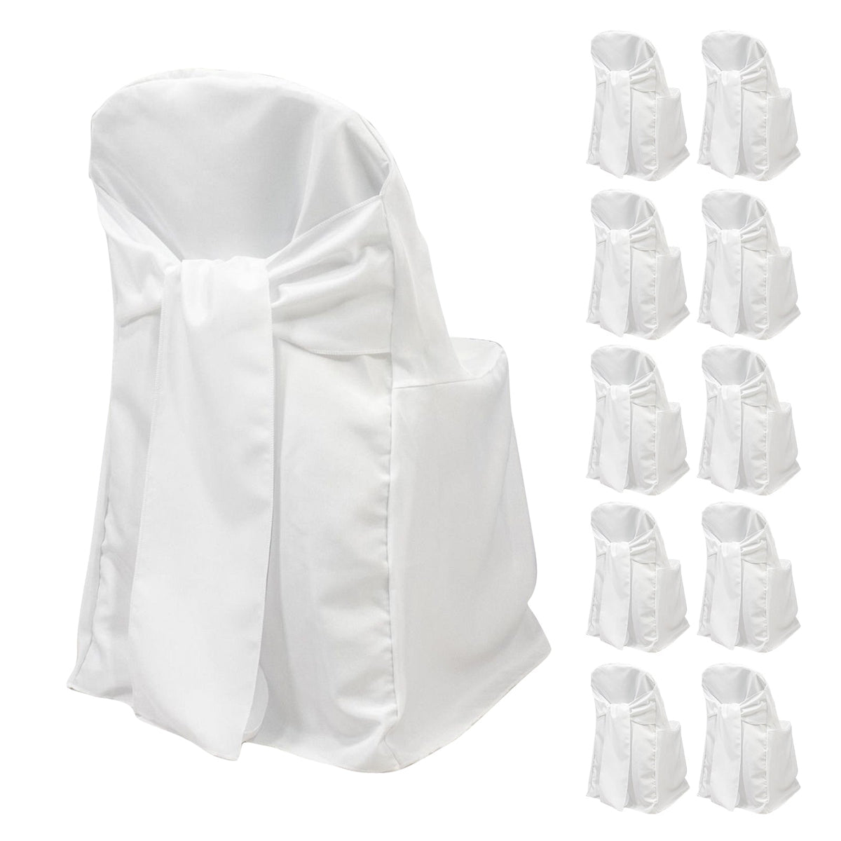 10-Pack Polyester Slip-On Folding Chair Covers with Attached Sashes – White Durable Reusable Covers for Wedding & Event Decor