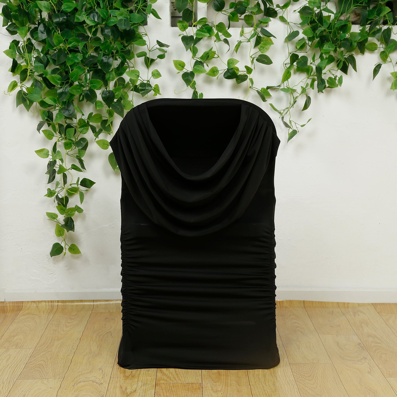 Spandex Folding Chair Cover Black with Ruched Swag Back and Foot Pockets – Fitted Stretch Slipcover