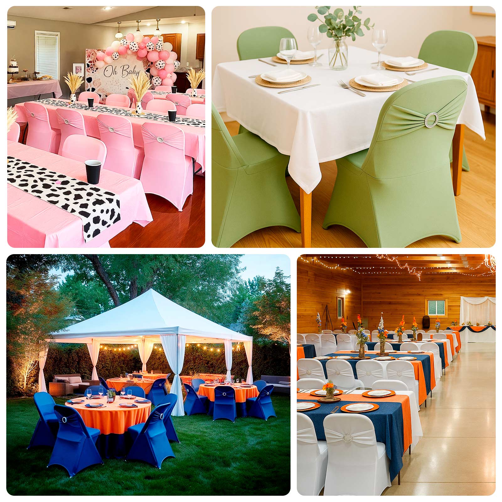 Stretch Spandex Chair Cover Champagne for Folding Chairs - Secure Fit Slipcover with Silver Rhinestone Buckled Sash Band