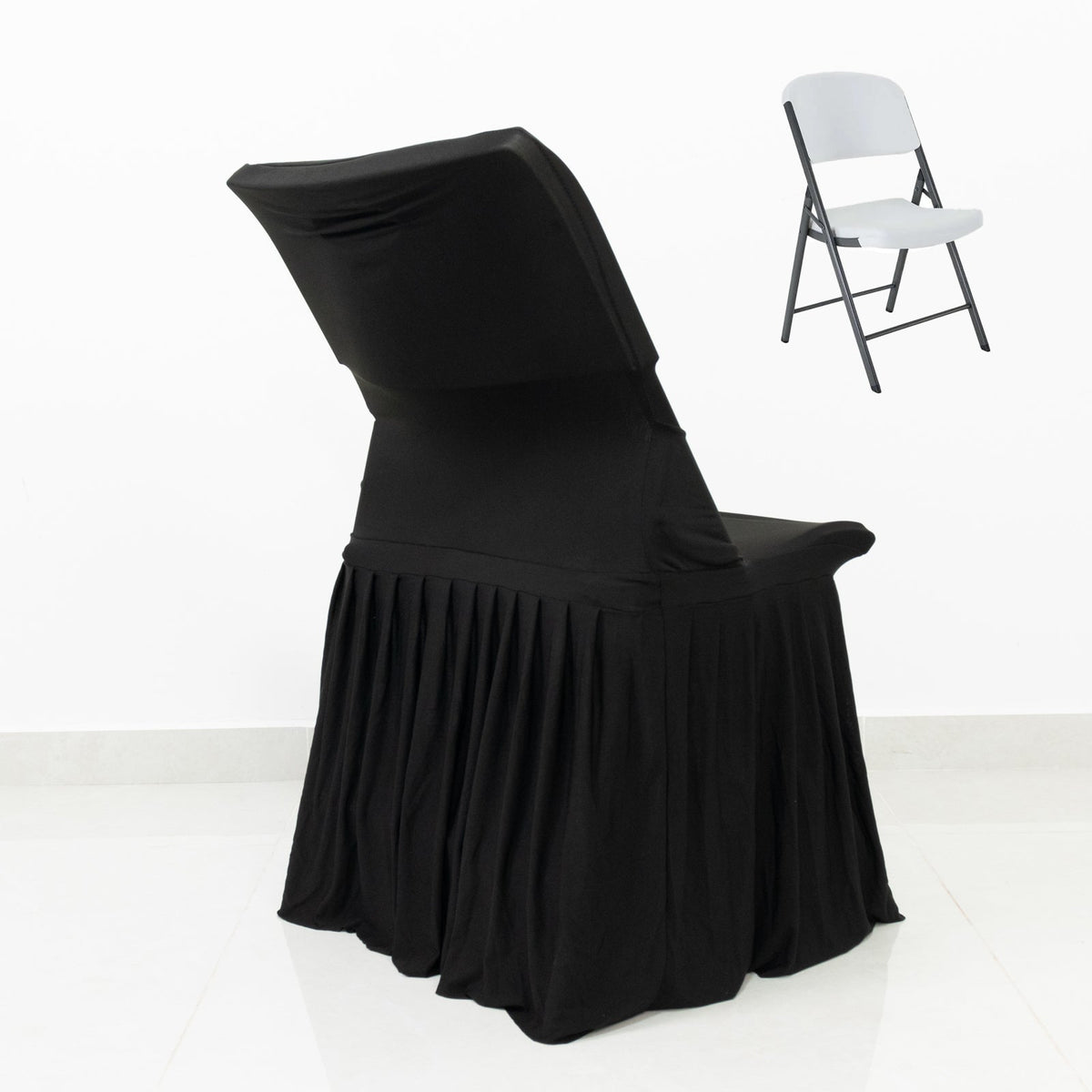 Black Spandex Pleated Lifetime Folding Chair Cover – Stretch Slipcover with Floor-Length Skirt, Also Fits Standard Chairs