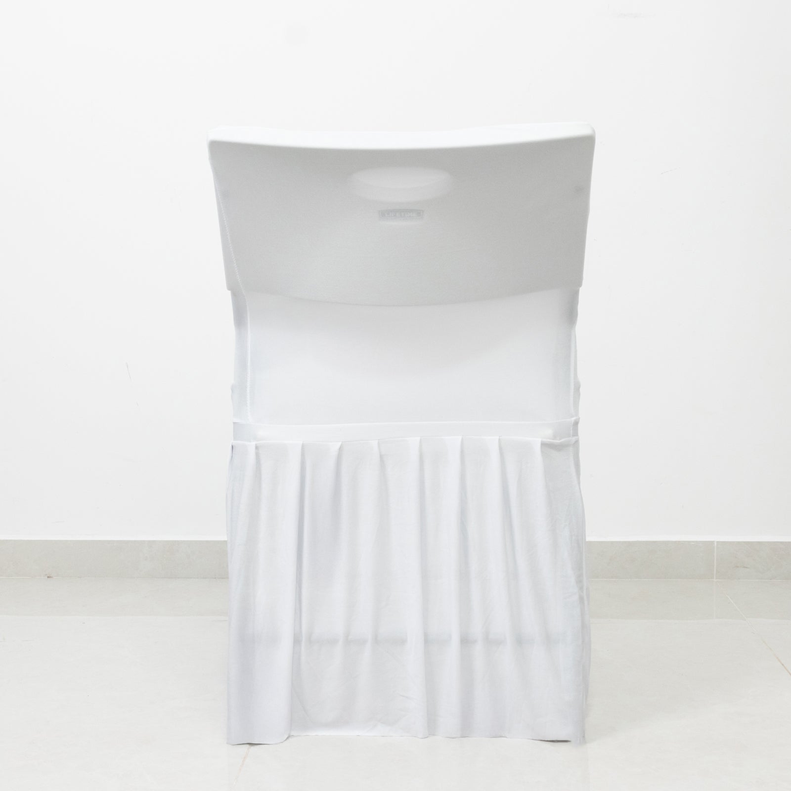 White Spandex Pleated Lifetime Folding Chair Cover – Stretch Slipcover with Floor-Length Skirt, Also Fits Standard Chairs