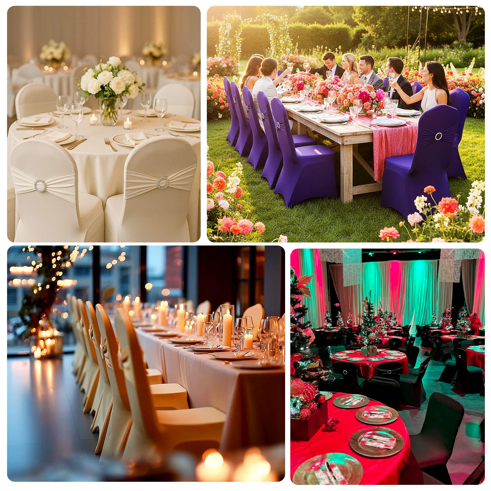 Spandex Chair Cover with Silver Rhinestone Buckled Sash Band White - Stylish Stretch Fitted Slipcover for Banquets & Events