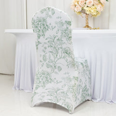 10 Pack Spandex Chair Covers for Banquet Chairs – White Dusty Sage Green French Toile Reusable Stretch Slip-On Floral Covers