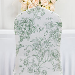10 Pack Spandex Chair Covers for Banquet Chairs – White Dusty Sage Green French Toile Reusable Stretch Slip-On Floral Covers