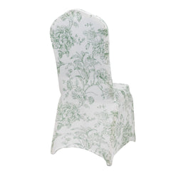 10 Pack Spandex Chair Covers for Banquet Chairs – White Dusty Sage Green French Toile Reusable Stretch Slip-On Floral Covers