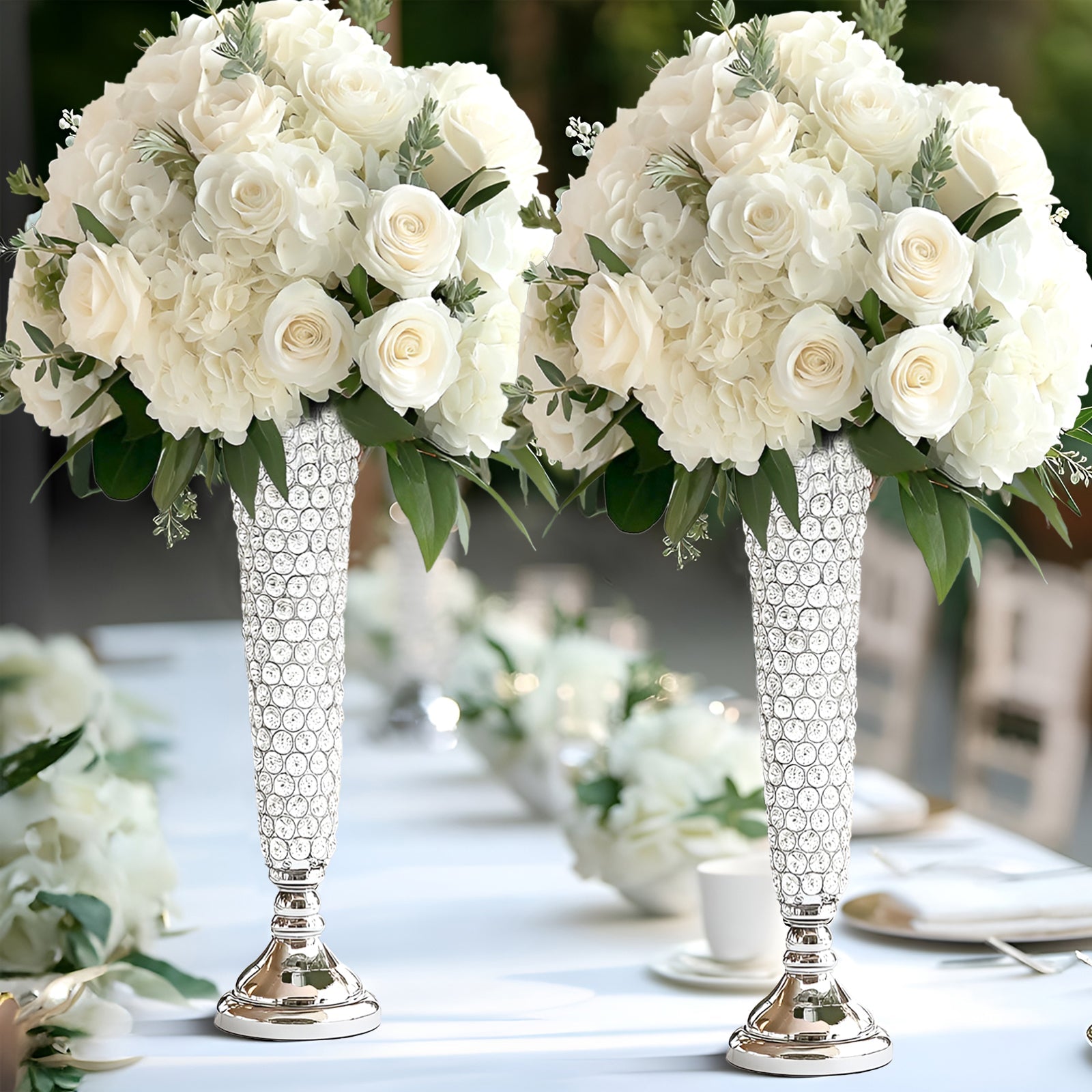 2-Pack Crystal Beaded Trumpet Vase Silver - Exquisite Floral Display Centerpiece Stand Set for Banquets & Receptions 28" Tall