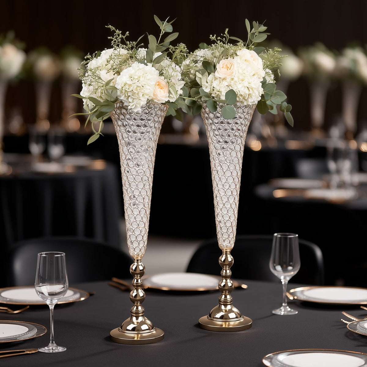 2-Pack Crystal Beaded Trumpet Vase Set Gold - Table Centerpiece for Grand Occasions 40"