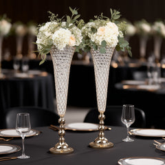 2-Pack Crystal Beaded Trumpet Vase Set Gold - Table Centerpiece for Grand Occasions 40"
