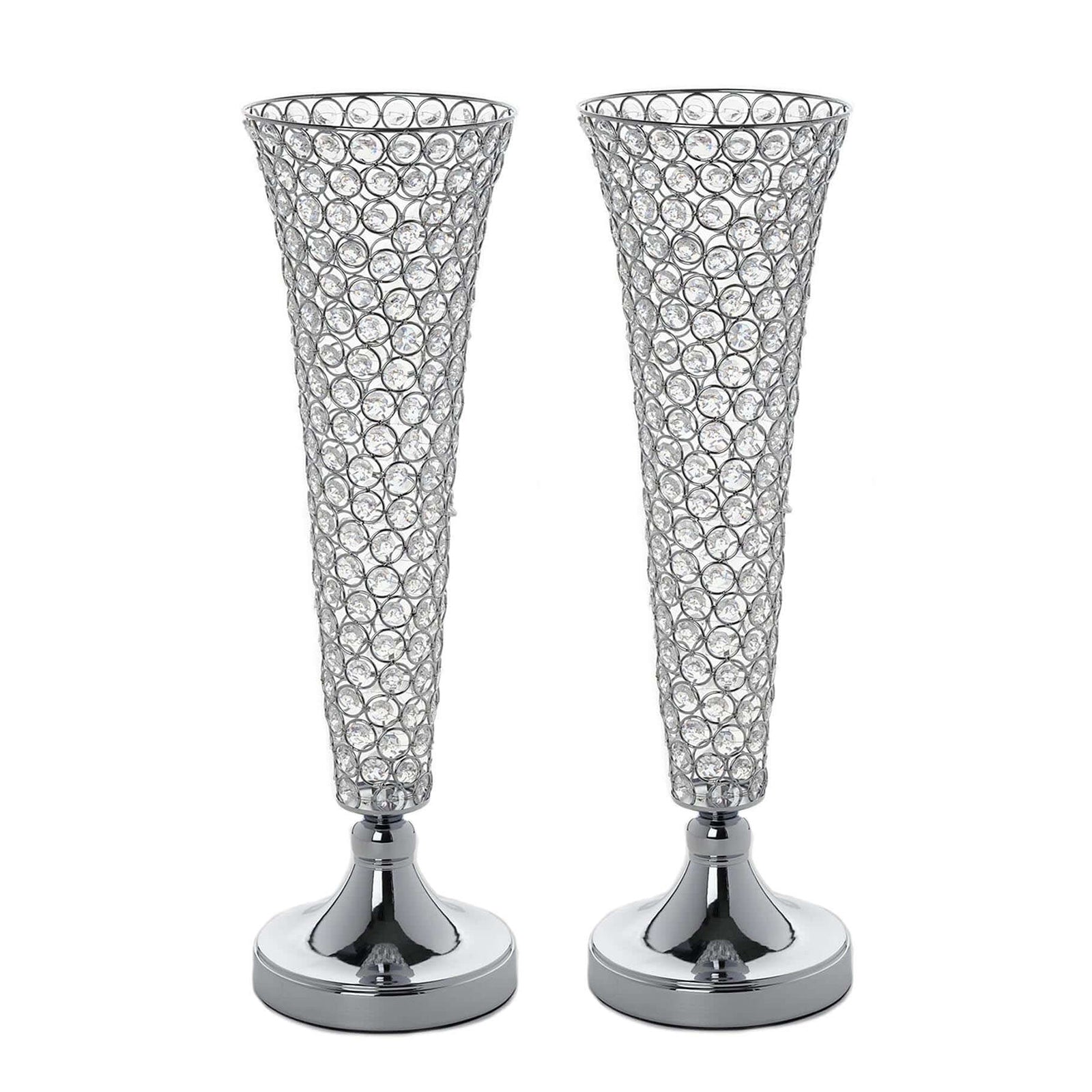 2-Pack Crystal Beaded Trumpet Vase Set Silver - Table Centerpiece for Stylish Decor 22"
