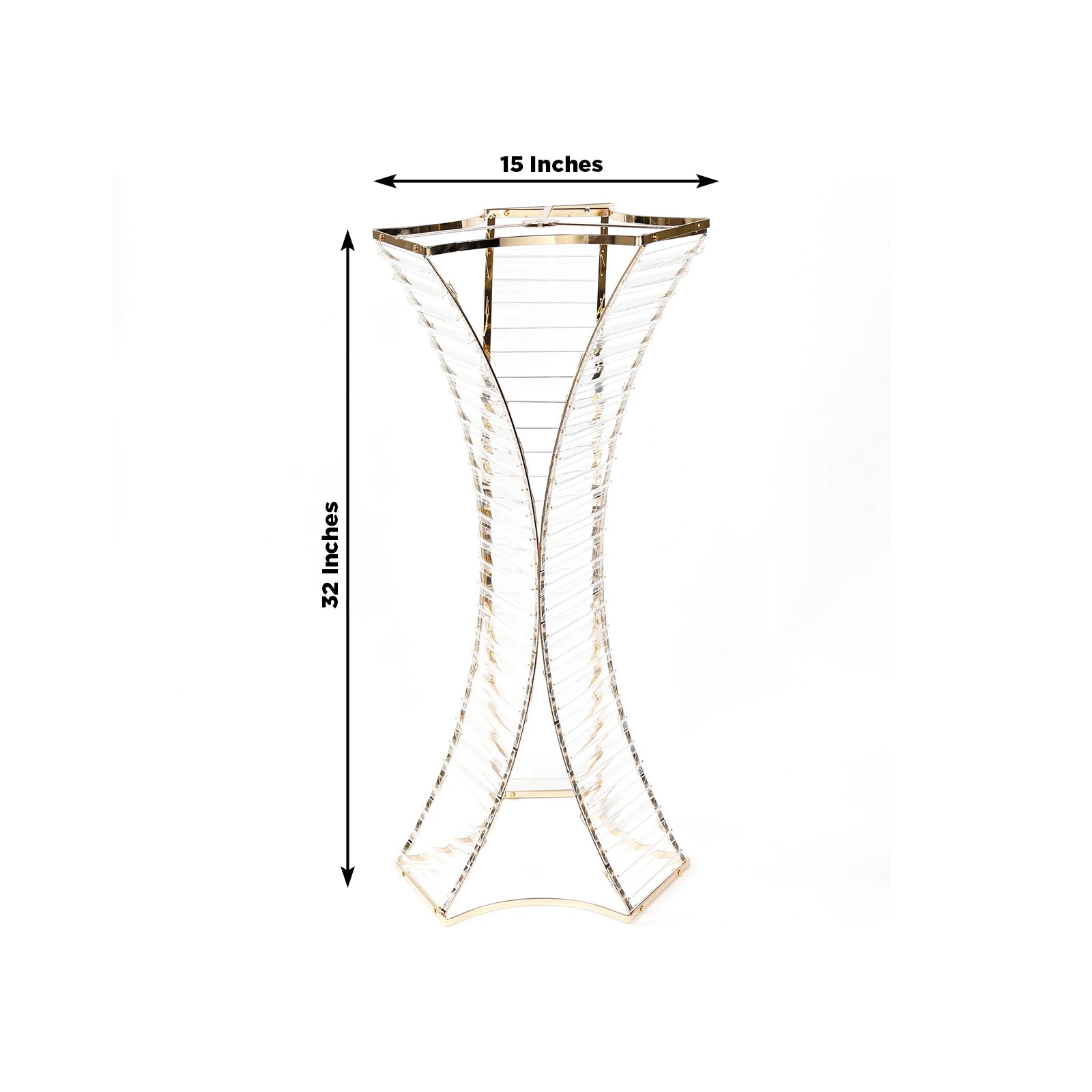 32" Crystal Pendant Flower Stand with Gold Metal Frame – Hourglass Column Vase Holder for Floral Arrangements & Table Centerpieces