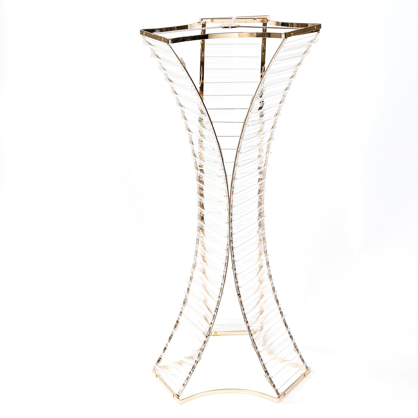 32" Crystal Pendant Flower Stand with Gold Metal Frame – Hourglass Column Vase Holder for Floral Arrangements & Table Centerpieces