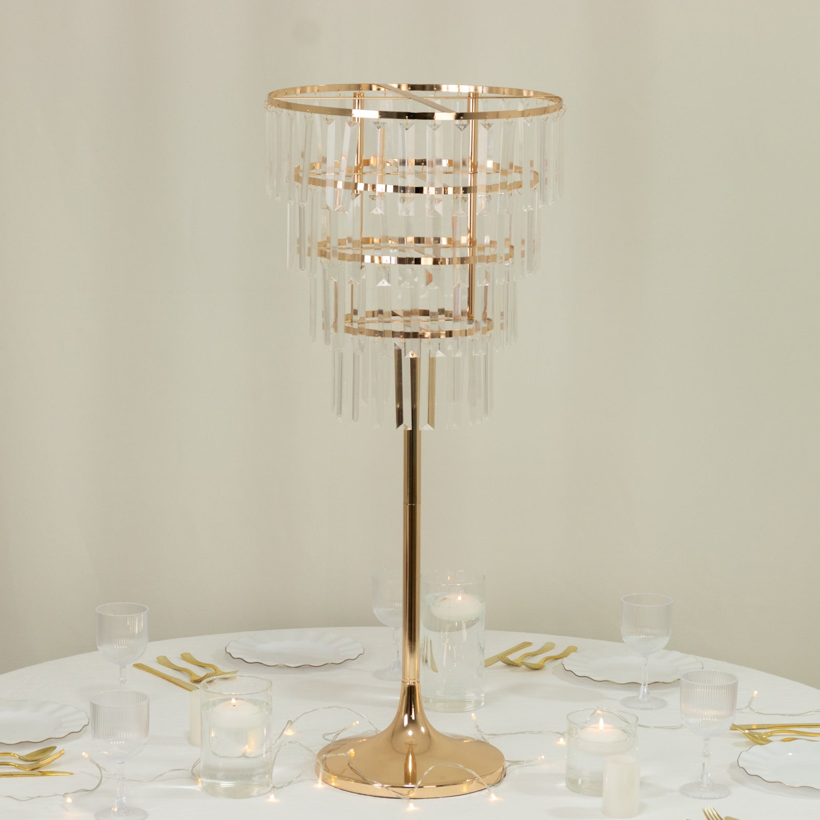 38" Crystal Pendant 4-Tier Table Centerpiece Chandelier – Gold Metal Vase Stand with Round Frame & Base, Hanging Crystals
