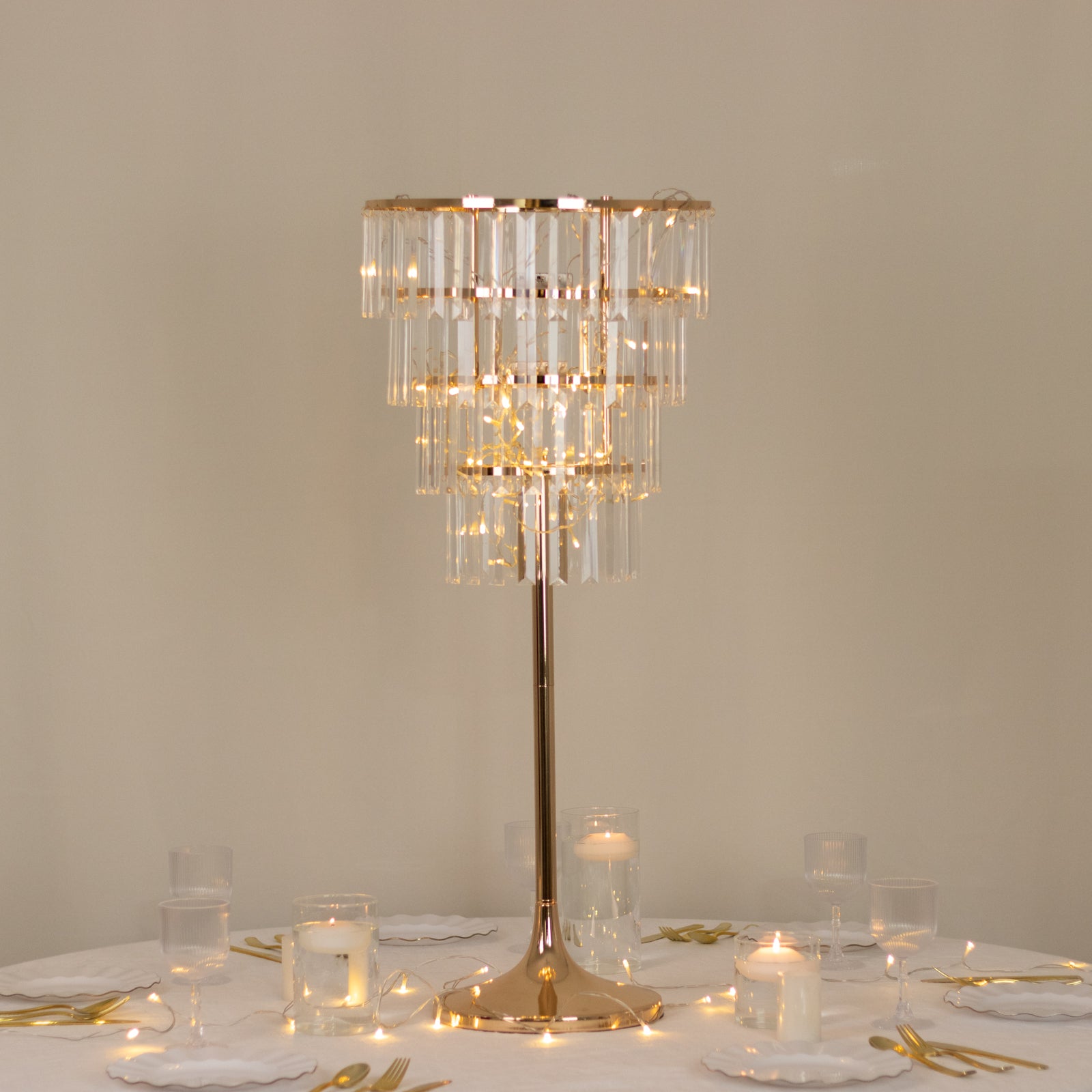 38" Crystal Pendant 4-Tier Table Centerpiece Chandelier – Gold Metal Vase Stand with Round Frame & Base, Hanging Crystals