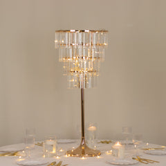 38" Crystal Pendant 4-Tier Table Centerpiece Chandelier – Gold Metal Vase Stand with Round Frame & Base, Hanging Crystals