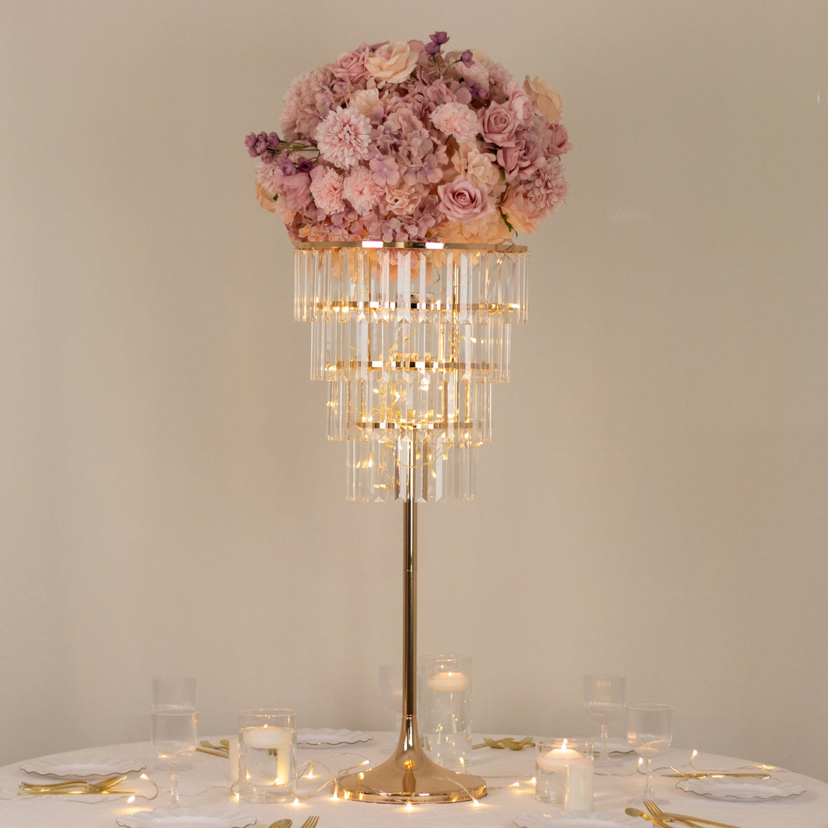 38" Crystal Pendant 4-Tier Table Centerpiece Chandelier – Gold Metal Vase Stand with Round Frame & Base, Hanging Crystals