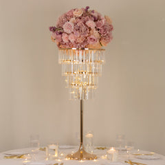 38" Crystal Pendant 4-Tier Table Centerpiece Chandelier – Gold Metal Vase Stand with Round Frame & Base, Hanging Crystals