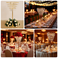 38" Crystal Pendant 4-Tier Table Centerpiece Chandelier – Gold Metal Vase Stand with Square Frame, Round Base & Hanging Crystals