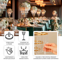 38" Crystal Pendant 4-Tier Table Centerpiece Chandelier – Gold Metal Vase Stand with Square Frame, Round Base & Hanging Crystals