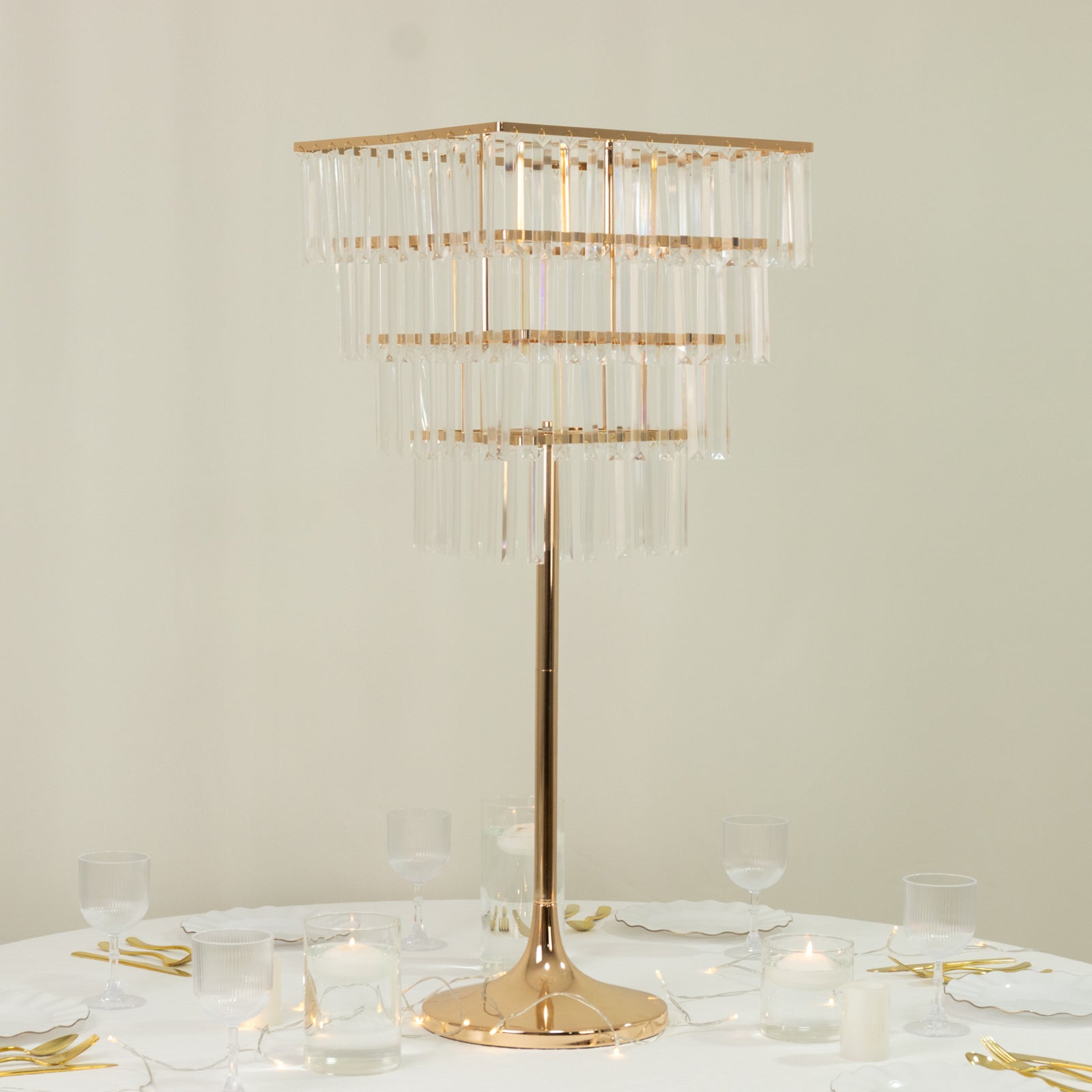 38" Crystal Pendant 4-Tier Table Centerpiece Chandelier – Gold Metal Vase Stand with Square Frame, Round Base & Hanging Crystals