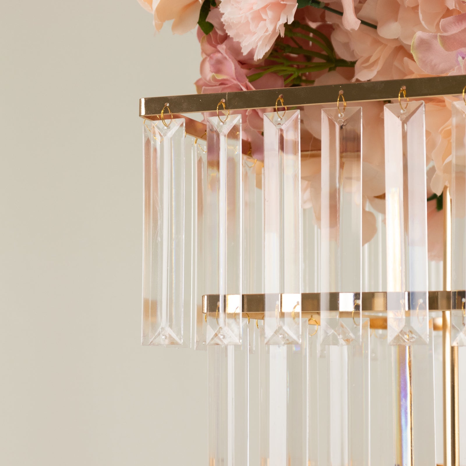 38" Crystal Pendant 4-Tier Table Centerpiece Chandelier – Gold Metal Vase Stand with Square Frame, Round Base & Hanging Crystals