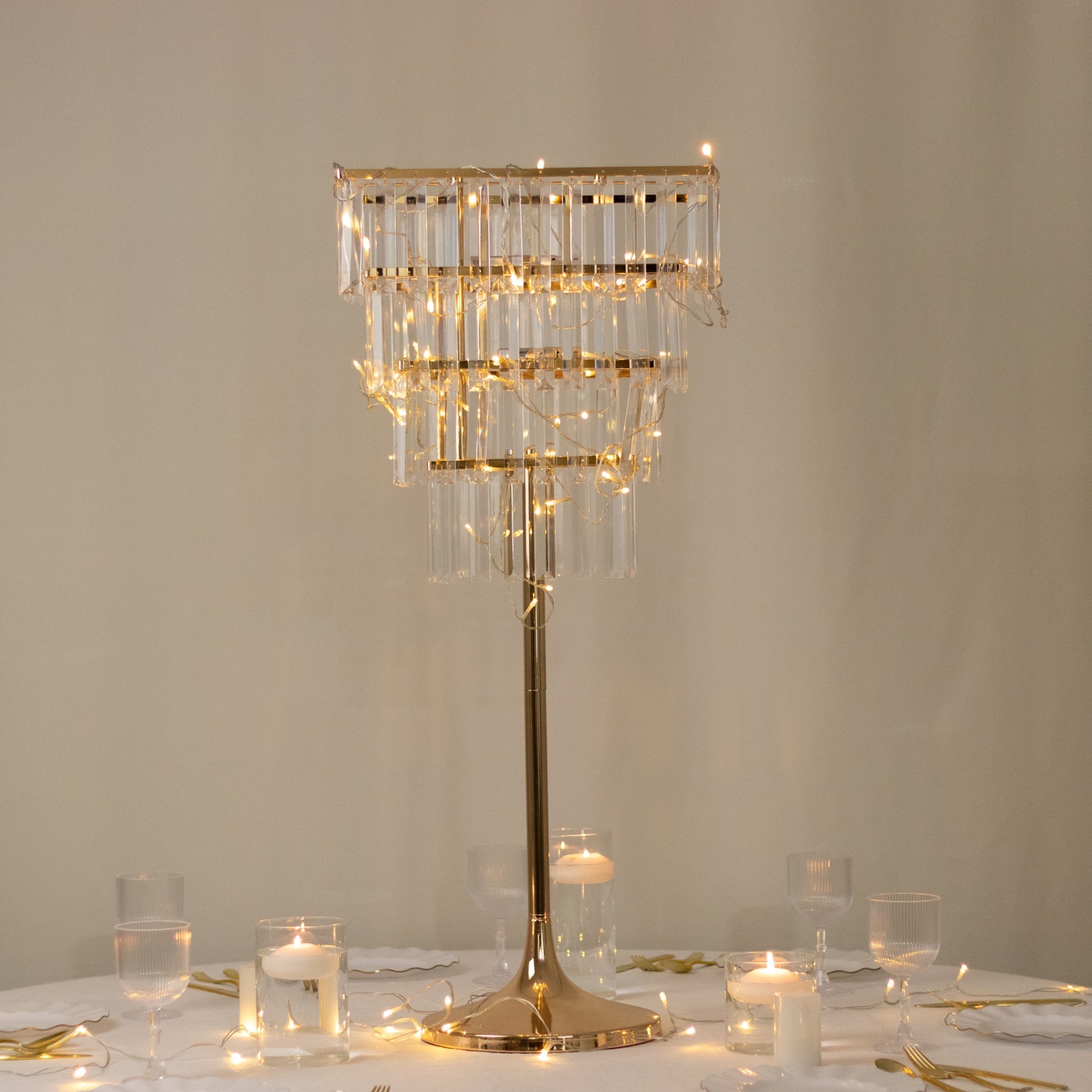 38" Crystal Pendant 4-Tier Table Centerpiece Chandelier – Gold Metal Vase Stand with Square Frame, Round Base & Hanging Crystals